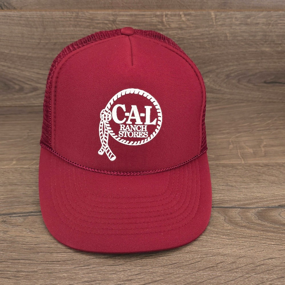 VINTAGE CAL Ranch Stores Hat Cap Snap Back Maroon Men Foam Front Trucker Western